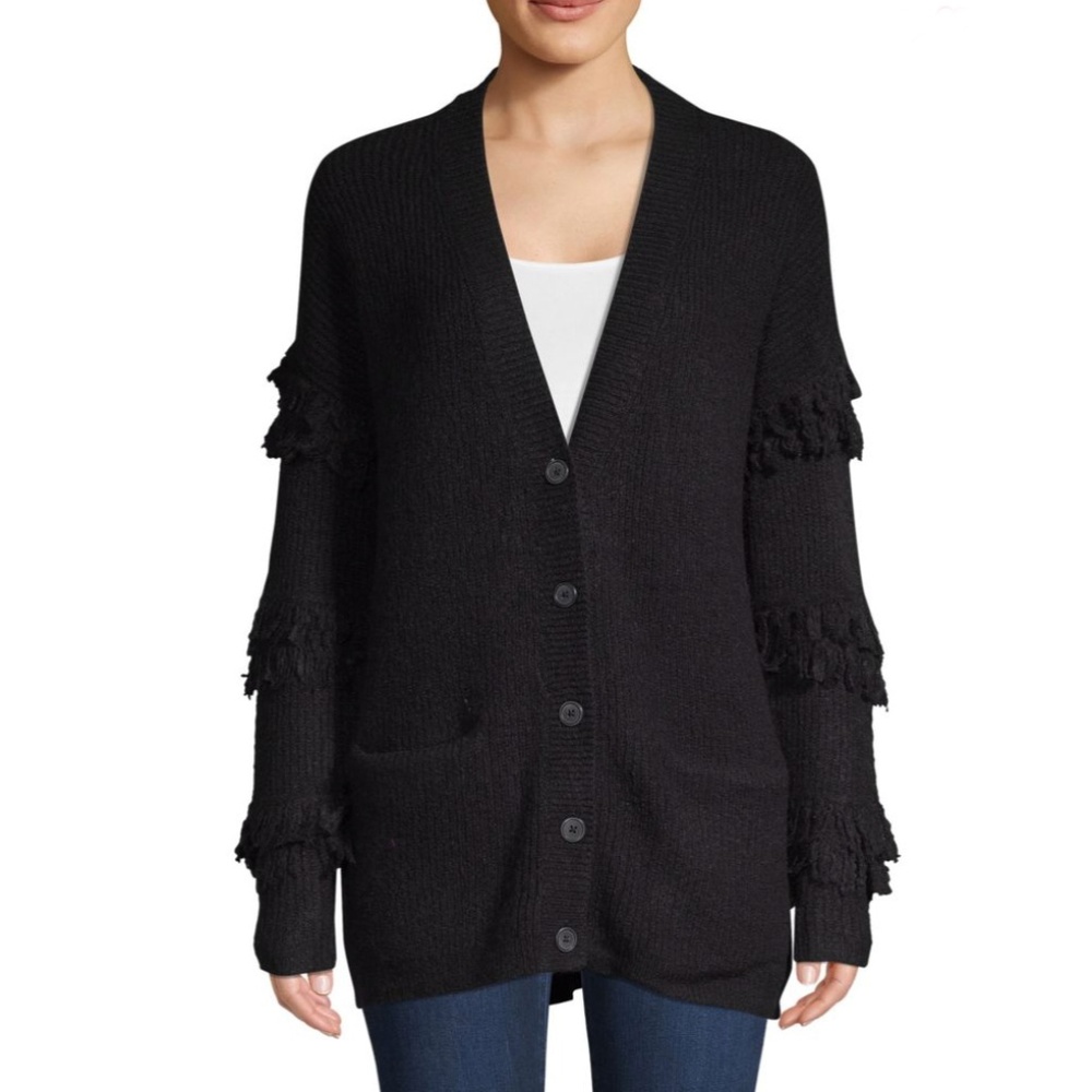 NWT★ SAKS Fringed-Sleeve Cardigan, Black, XS
